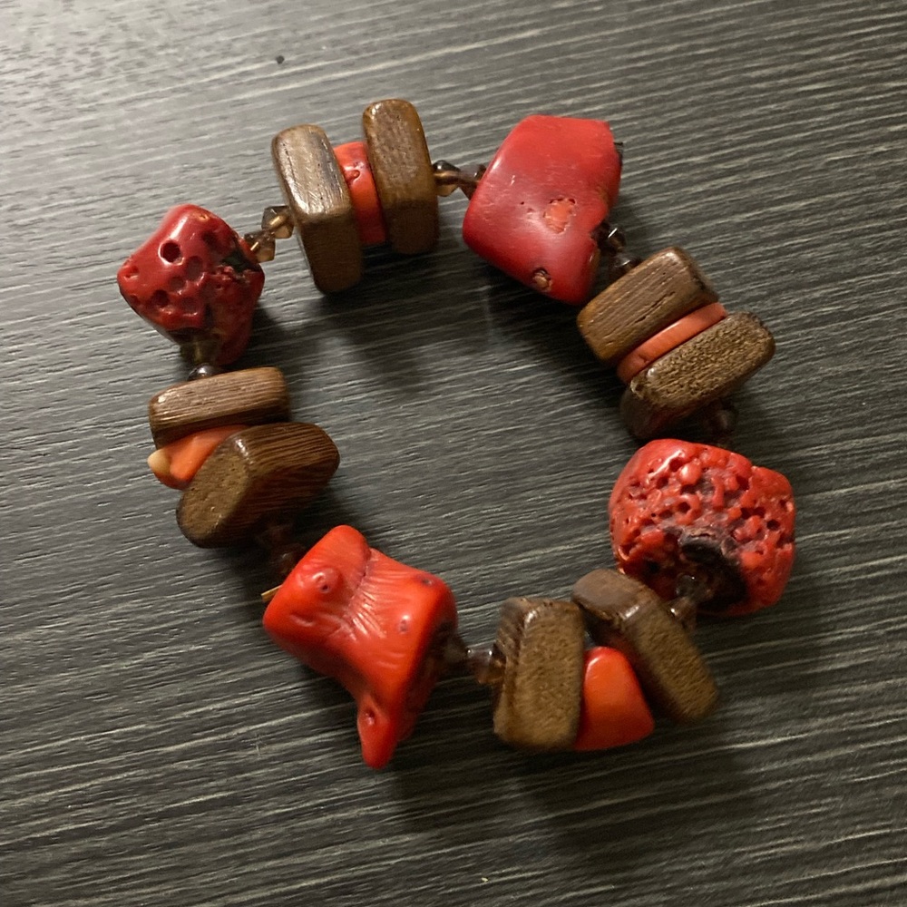 Red Coral & Wood Beaded Stretch Bracelet